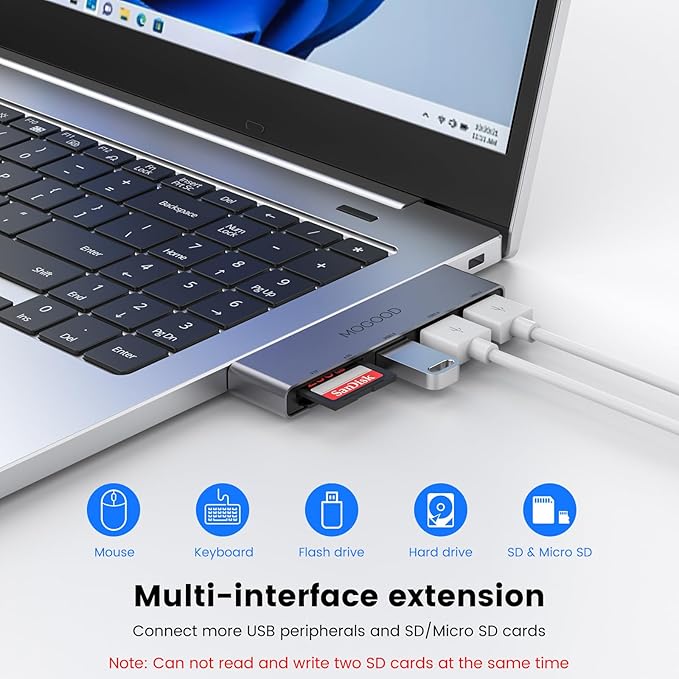 MOGOOD 5-Port USB Hub USB Splitter for Laptop USB 3.0 Dual Slot Flash Memory Card Reader for Camera USB Hub Multiport Adapter with 1USB 3.0 & 2USB 2.0,SD/TF Card Reader for Dell, Asus,HP,MacBook Air