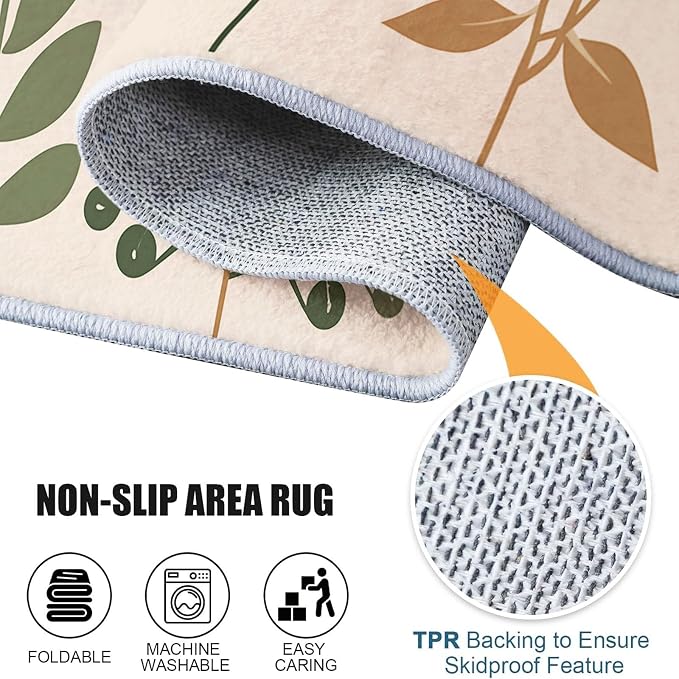 Area Rugs for Living Room, 4x5 Washable Rug Green Soft Low Pile Non-Slip Carpet Stain Resistant Carpets for Bedroom Dining Room Farmhouse Nursery, Retro Leaves Bohemian Plants