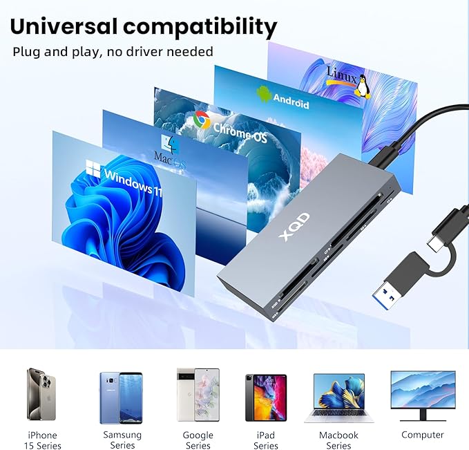10Gbps XQD Card Reader 8 in 1 Multi-Card Reader USB C for Sony G/M Series, Lexar 2933x/1400x USB Mark XQD Card/CF/XD/MS/TF/SD Memory Card Reader/Writer/Hub USB 3.2 for Windows/Linux/Mac OS/Android