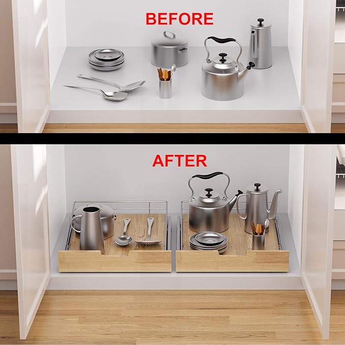 Sikarou Pull Out Cabinet Organizer,Heavy-Duty Slide Out Shelf, Wood And Wire Basket, Pull Out Drawer for for Kitchen Under Sink Space, Pantry, Bathroom (17 * 21 WM)