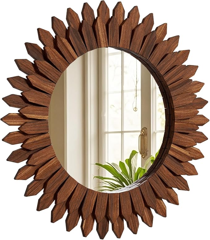 Boho Wood Sunburst Round Wall Mirror, 20 Inch Rustic Circle Wooden Frame Decorative Mirror for Farmhouse Coastal Home, Home Wall Decor for Living Room Entryway Bedroom, Walnut