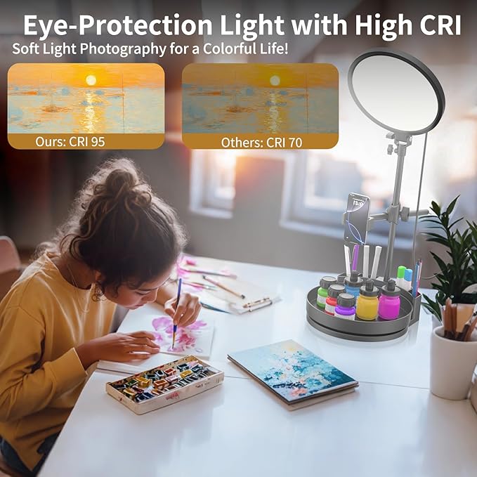Selfie Light Kit for Desk and Laptop,55W Dimmable Full Screen Ring Light,with Rotating Storage Box,Pen Holder Stand,Phone Holder and Controller (White-RGB, 10.5)