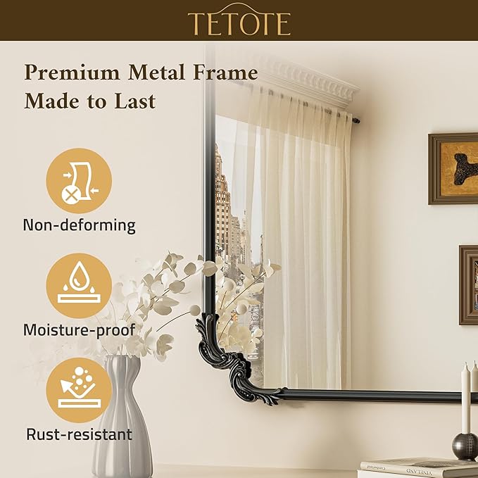 TETOTE Baroque Antique Black Scroll Wall Mirror 48 x 30 Vintage Rectangle Framed Baroque French Rectangular Mirror for Mantle Fireplace Bathroom Living Room, Horizontal/Vertical