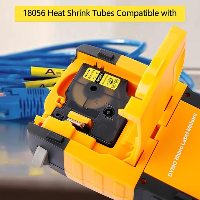 2 Pack Compatible for Dymo Heat Shrink Tube Label 18056 12mm 1/2 inch Black on Yellow Tape for Cables Wires use in Rhino 4200 5200 5000 6000 Industrial Label Maker