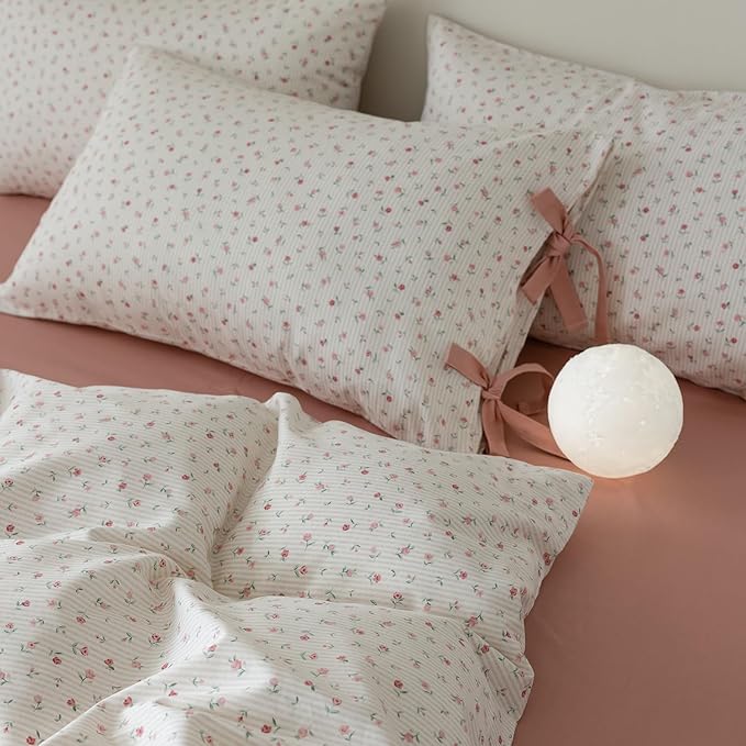 HighBuy Girl Duvet Cover Twin XL Botanical Flower Coquette Bedding Set Vintage Style Garden Floral Duvet Cover Twin XL with 2 Bowknot Bow Tie Pillowcases Soft Cotton Comforter Cover Set