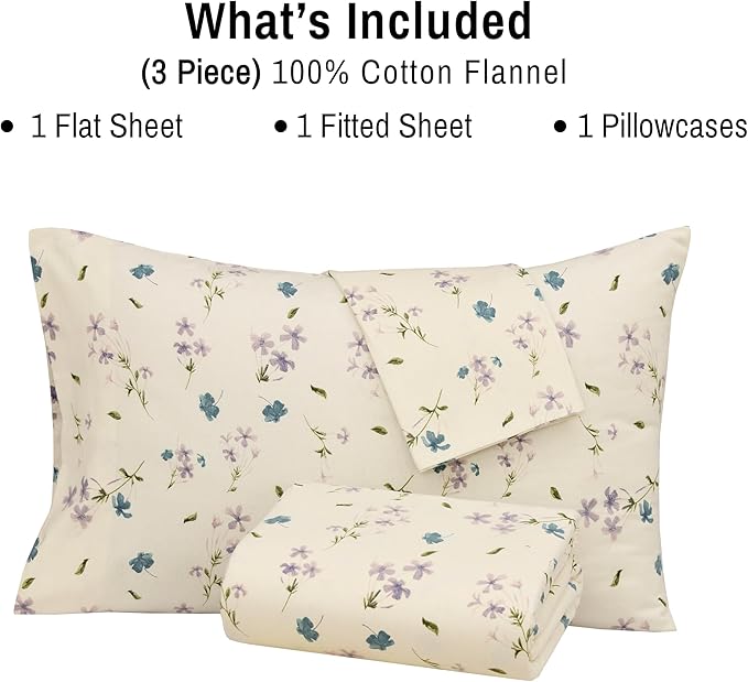 RUVANTI Flannel Sheets Twin Size - 100% Cotton Double Brushed Twin Sheets Set, Deep Pockets 16 Inches, All Seasons Breathable & Extra Soft Bed Sheets, Warm & Cozy, 3 Piece, Jasmine Stamp Cream