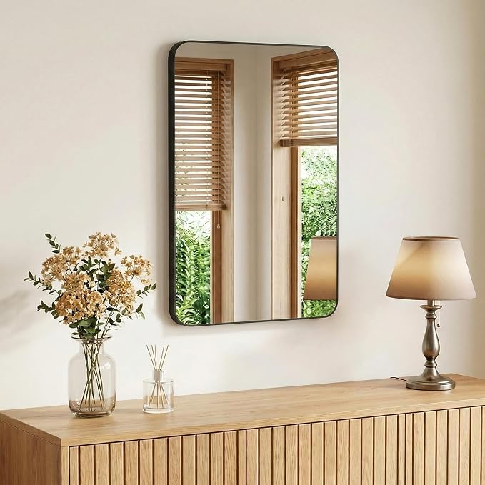 Sweetcrispy Bathroom Mirror for Over Sink, 30x48 Inch Wall Mount Mirror with a Rounded Rectangle and Matte Metal Frame, Modern Wall Vanity Mirrors for Home Decor, Living Room, Bedroom, Black