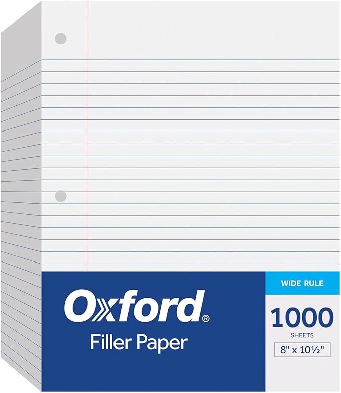 Oxford Filler Paper, 8 x 10-1/2 Inch Wide Ruled Paper, 3 Hole Punch, Loose Leaf Notebook Paper for 3 Ring Binders, 1000 Sheets