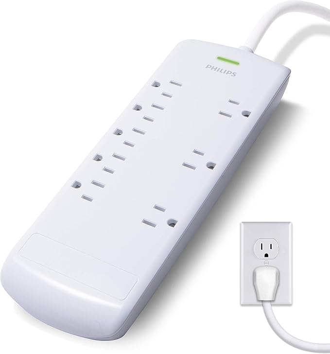 Philips 8 Outlet Power Strip Surge Protector, 8ft Extra-Long Power Cord, Flat Plug, Wall Mount, 2160 Joules, ETL Listed, Circuit Breaker, Automatic Shutdown, White, SPP3086WB/37