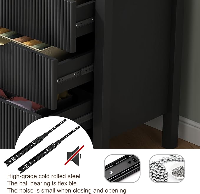 LSKTGA 3 Drawer Dresser, Chest of Drawers Organizer with Waveform Panel, Large Fluted Dresser with Wide Drawers and Golden Handles, Wood Storage for Bedroom, Hallway, Entryway, Black