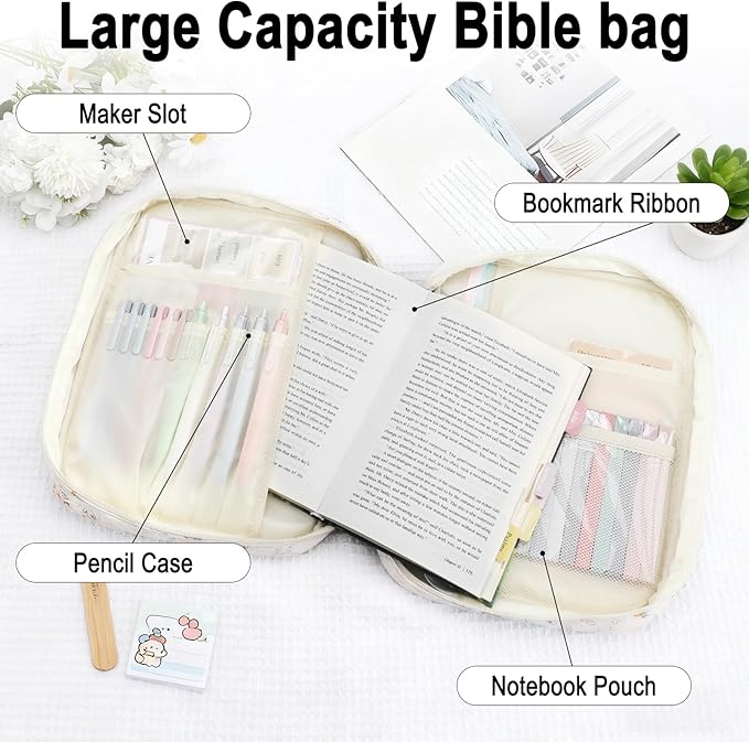 Lestp Bible Cover Case Study Supplies for Women Gifts Large Bible Cover with Highlighters Pens Tabs Cute Quilted Carrying Case Christian Journal Kit Accessories Christian Gifts Sticky Notes A
