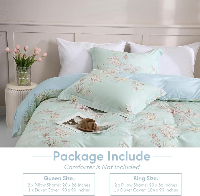 LONAVA Queen Flower 3 Pcs Duvet Cover Set, Breathable Soft Microfiber Light Blue Lining Comforter Cover with Zipper Closure, and 2 Anti-Pilling, Fade Resistant Pillowcases, Mint Flower