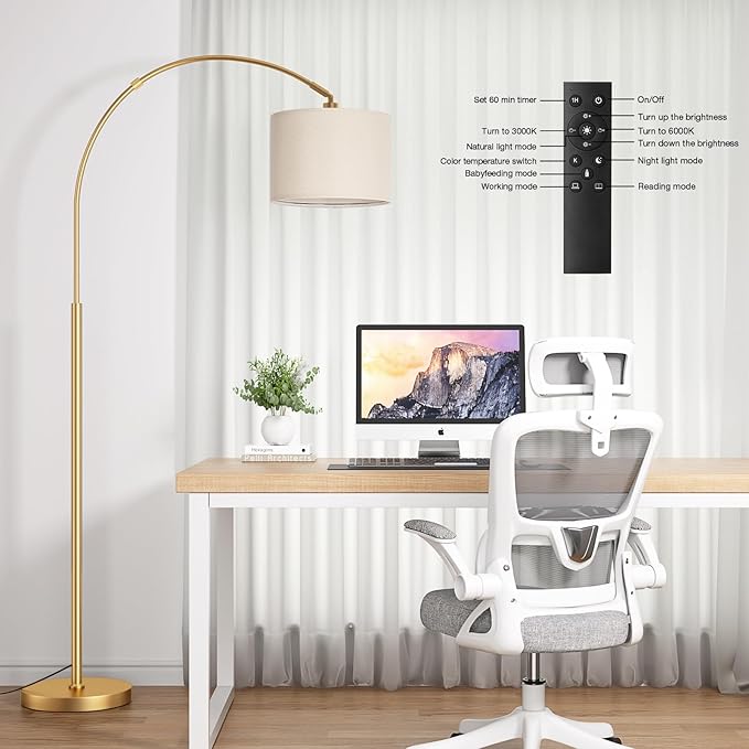 Ambimall Dimmable Arc Floor Lamp with Remote, Color Temperatures and Brightness Adjustable, Arched Floor Lamp with Rotating Head, Over Couch Arched Reading Light for Living Room (Deep Beige and Gold)