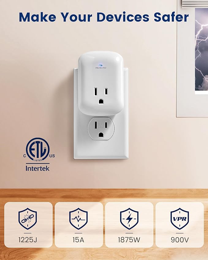 SURAIELEC Surge Protector, 1225J Wall Surge Protector Outlet with 900V VPR, Ground Protected Light Indicator for TV, Fridge, Microwave, Garage, Computer, Workshop and Gaming Devices, 15A/1875W, 1 Pack