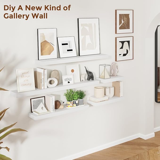 Heimlove 55 Inch Floating Shelves for Wall 8 Inch Deep White Shelves Set of 2,Wall Mounted Rustic Wood Long Floating Shelf，Large Extra Display & Storage Shelf with Invisible Brackets