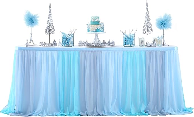 Tulle Table Skirt Blue Tutu Striped Table Skirts for Rectangle Tables Baby Shower Under the Sea Baby Shark Birthday Parties Decoration 9ft