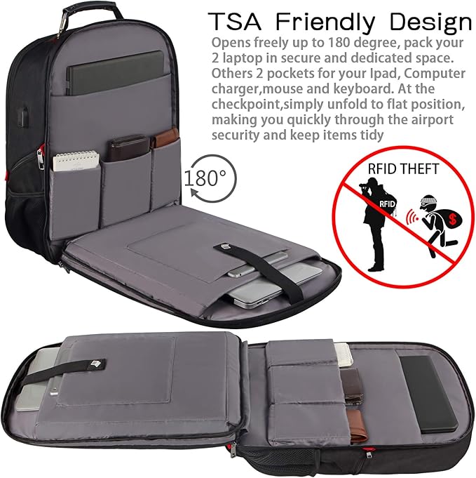 JCDOBEST Laptop Backpack, Red, 55L Capacity, TSA Approved, RFID Anti-Theft, USB Charging Port, Headphone Hole, Back Luggage Strap, Chest Strap, Laptop Backpack