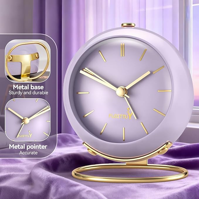 FLOITTUY Silent Table Analog Alarm Clock No Ticking, Lighted on Demand and Battery Operated, Beep Sounds, Small Desk Clock(Air Purple)