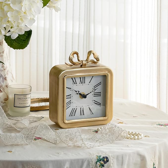NIKKY HOME Gold Table Clocks, Table Clock Decor with Bow Metal Desk Clock Vintage Desk Clocks Silent Non-Ticking Battery Operated Decorative Shelf Clock for Living Room Bedroom