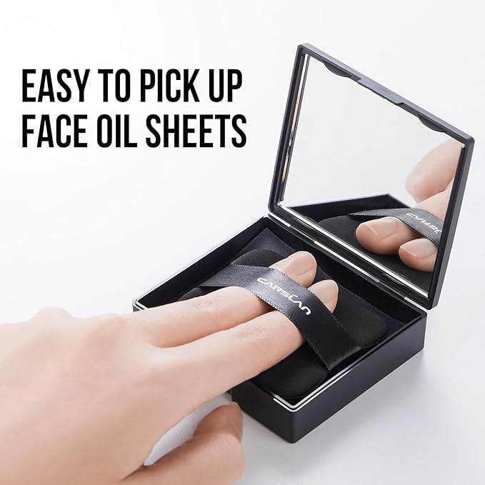 CARSLAN Makeup Blotting Paper with Powder, Black Magnet Blotting Sheet for Oily & Combination Skin, Portable Compact with Puff & Mirror, Keeps Makeup Fresh All Day, 150 Sheets + 8 Refill Adhesive Pads