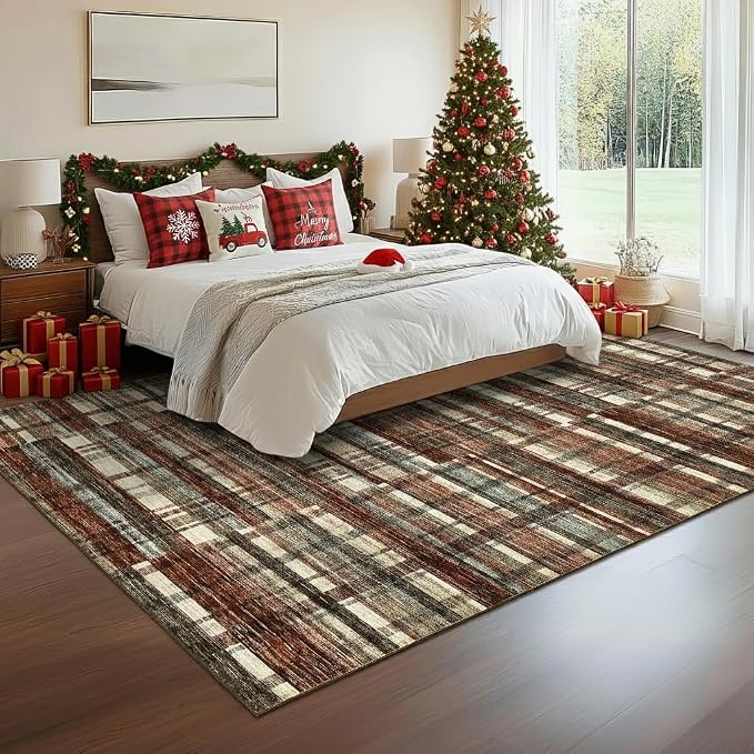 Living Room Rug 8x10 Area Rugs for Living Room Christmas Washable Rug Non Slip Modern Plaid Throw Rugs Low Pile Area Rugs for Bedroom Stain Resistant Carpet for Classroom Office Red 8'x10'