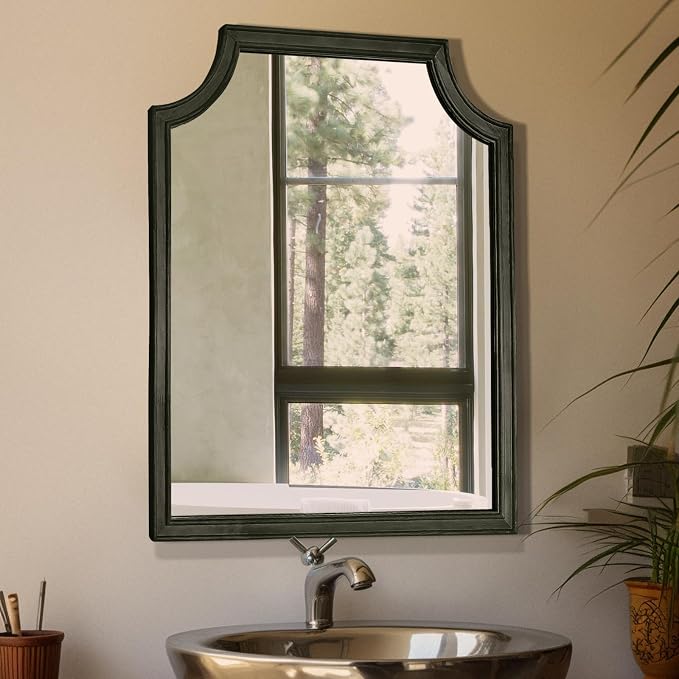 WallBeyond Scalloped Wood Mirror for Wall Decor 16x20 Inch Black Small Bathroom Vanity Rectangle Mirror for Hallway Bedroom Living Room(Black)