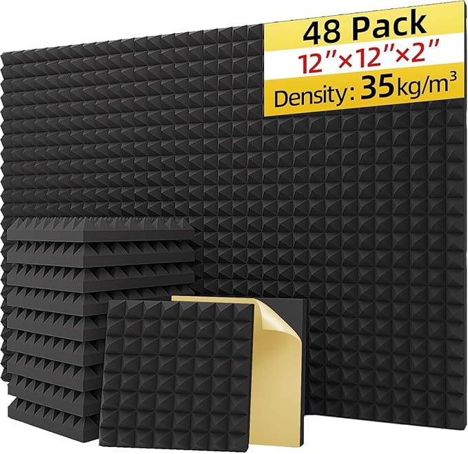 Upgraded 48 Pack Self-Adhesive Acoustic Panels,35kg/m³ High-Density Sound Proof Foam Panels for Walls, 2" X 12" X 12" Fast Expand Soundproof Wall Panels-Absorbs Sound & Eliminates Echoe