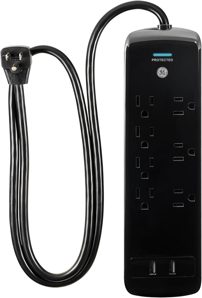 GE 37054 Pro Surge Protector, 7 Outlets + 2 USB, 1780J, 3' Cord, 2.1A, Black