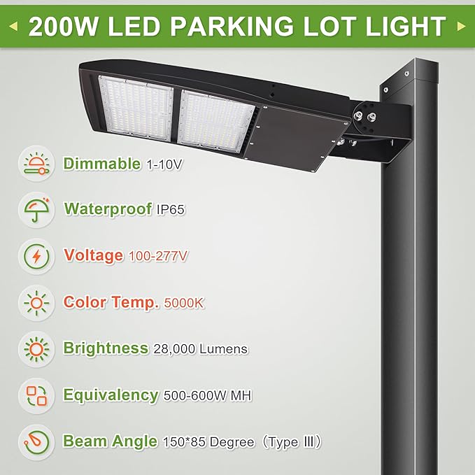 200W LED Shoebox Parking Lot Lights, 20KV Surge Protector, 1-10V Dimmable, 500W-600W MH Equiv, LED Street Road Lamps with Yoke/Wall Mount, 27000LM DLC Premium UL Listed 5000K 100-277VAC