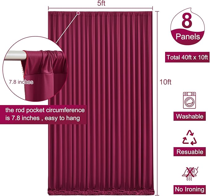 8 Panels Burgundy Backdrop Curtain for Wedding Parties Wrinkle Free Maroon Photo Curtains Backdrop Drapes Fabric Decoration for Birthday Bridal Shower Ceremony 40ft(W) x 10ft(H)