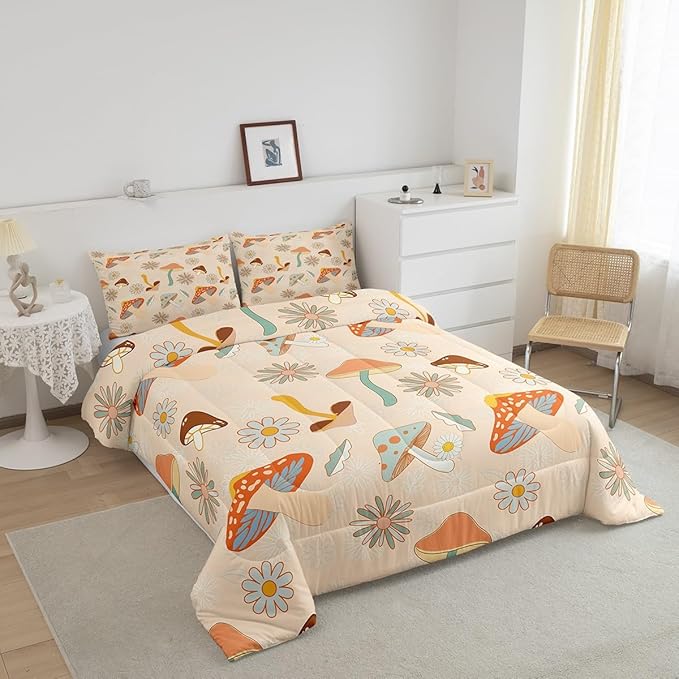 Castle Fairy 60s 70s Retro Mushroom Bedding Comforters King Size,Groovy Flowers Floral Duvet Set for Bedroom Decor,Boho Art Durable Comforter Set with 2 Pillowcases