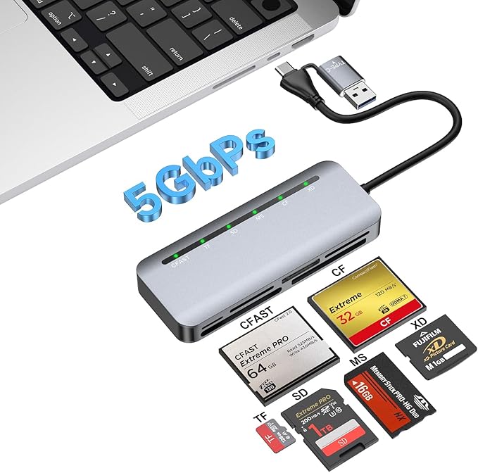 CFast Card Reader 6-in-1, USB 3.0 Multi Card Reader for CFast/CF/SD/TF/XD/MS, Simultaneous Read 6 Cards, 5Gbps High-Speed Data Transfer, Aluminum, Compatible with MacBook, Windows, PC, iPhone 17-15