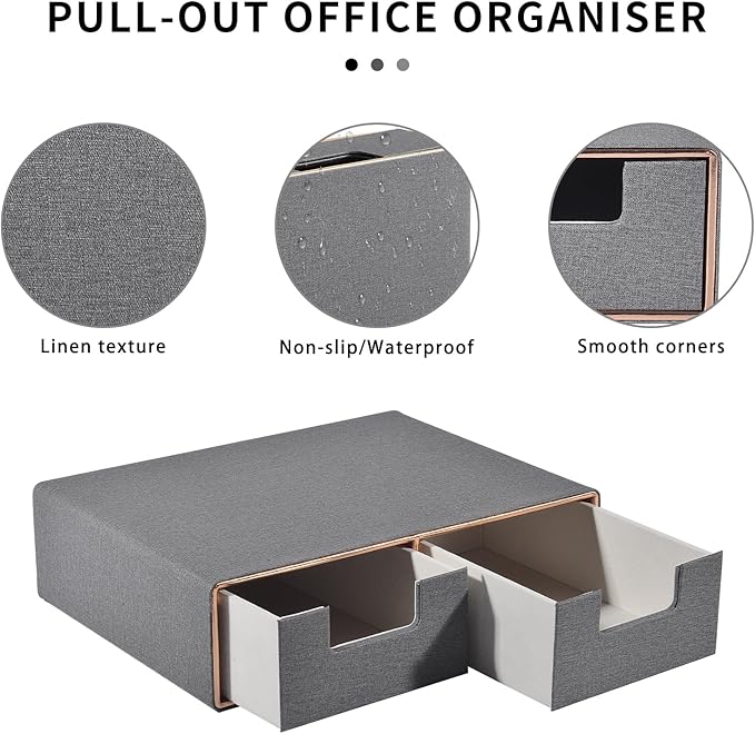 RHCSZ Linen Leather Desk Organizer with Drawers－Mini Desktop Drawer Organizer Stackable－Multifunctional Tabletop Organization Storage Box for Office Supplies Home Vanity Toiletries (Grey, 2-drawers)
