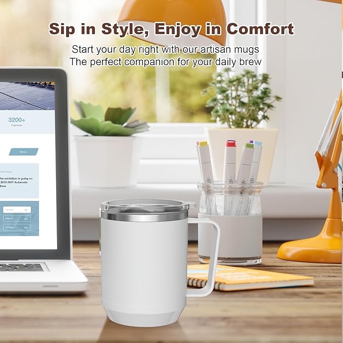 Felibeaco 16oz Heated Coffee Mug with Flat Bottom for Rapid Heating, Stainless Steel Heated Coffee Cup Suitable for Different Coffee Mug Warmer/Heaters, Heated Mug/Cup for Home and Office Desk,White