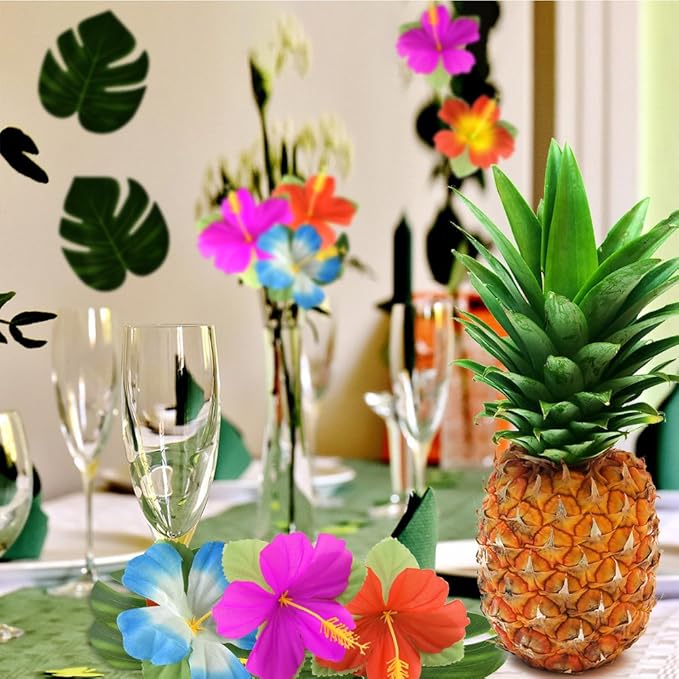 KUUQA 60 Pcs Tropical Party Decoration Supplies 8" Palmtera Hibiscus Leaves and Flowers, Simulation Leaf for Hawaiian Luau Party Jungle Beach Theme Table Decorations