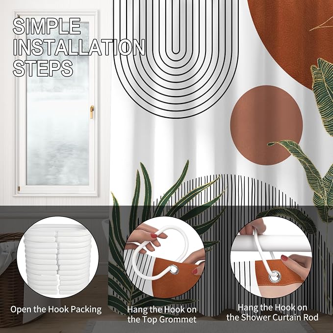 Mid Century Boho Shower Curtain, Abstract Modern Sun Minimalist Aesthetic Shower Curtain, Bohemian Geometric Arch Curve Leaves Neutral Art Fabric Bathroom Curtain Orange 72x72 inch