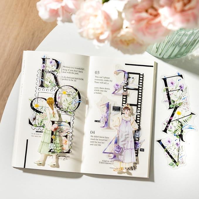 Miyouluna 216PCS Floral Alphabet & Number Stickers Set, Waterproof Letter PET Stickers for Scrapbooking, Journaling, DIY Crafts, Card Making