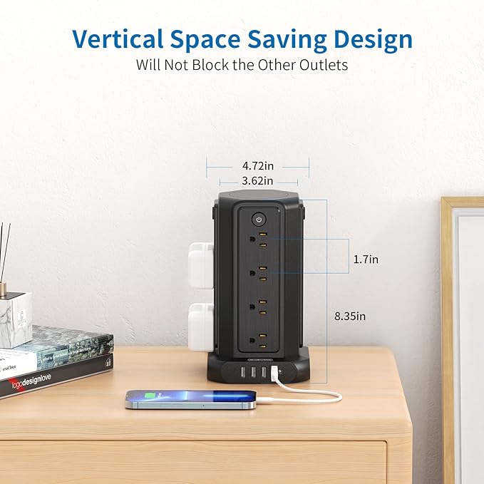 Surge Protector Power Strip Tower with USB Ports, 15 FT Extension Cord Tower with 16 Widely Spaced Outlets 4 USB Ports, 1080 Joules, Overload Protection, Flat Plug Power Strip for Home, Office, Black