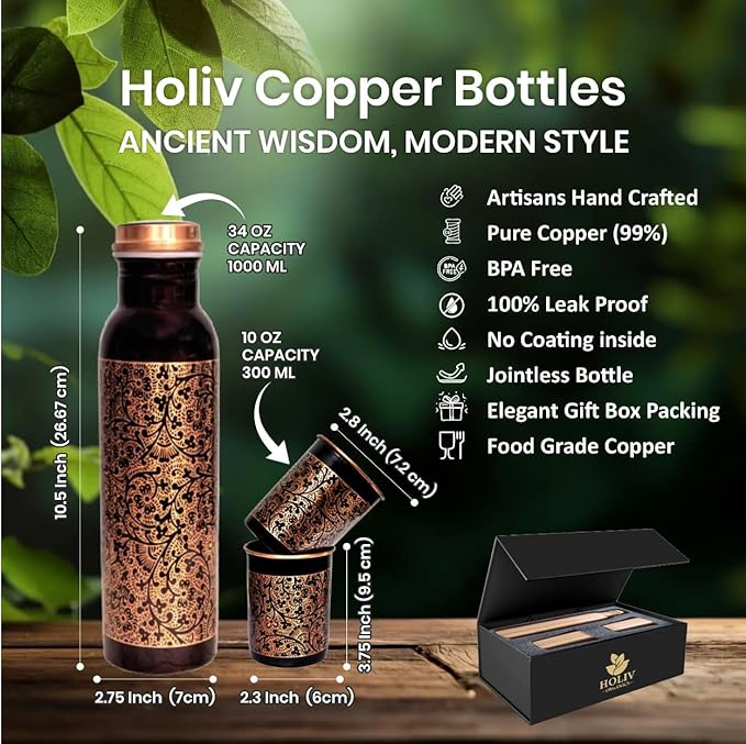 Floral Antique Copper Bottle and 2 Tumbler Set - 34oz Engraved Vessel with 10oz Cups - Indian Artisan Handcrafted - Premium Wellness Gift