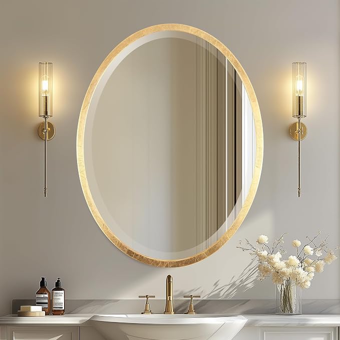 OVALCREST - Oval Wooden Beveled Wall Mirror for Home Decor, Bathroom, Vanity, Bedroom, Living Room, Hallway - London Style (Gold Leaf) 31.1 x 25.1