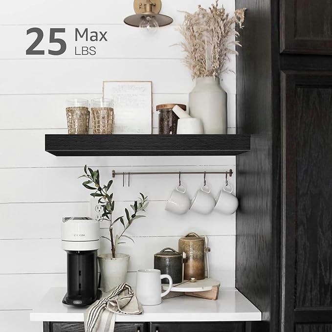 QEEIG Floating Shelves for Wall Bathroom Shelf Bedroom Kitchen Living Room Hanging Book Shelves Small Farmhouse Decor 16 inch Set of 3, Black (015-B3)
