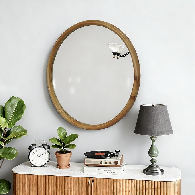 27.56" Round Wood Framed Wall Mirror Natural Wood Finish Mid-Century Modern Decor