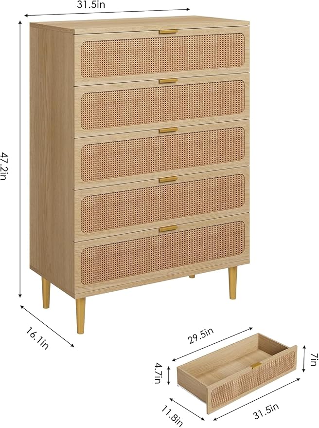 Garvee Rattan Dresser with 5 Drawers, Tall Modern Closet with Deep Storage, Large Chest of Drawers with Wide Top, Long Wooden Dresser for Bedroom, Living Room, Hallway, Kids Room, Natural