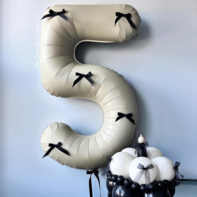 Beige Balloon Number 5, 40 Inch Large Self Inflating Foil Mylar Number Balloons 0-9 for Boys Women, Cream White Digital 5 Helium Balloon for Girls Men 5th Birthday Decorations Anniversary 2025 Party