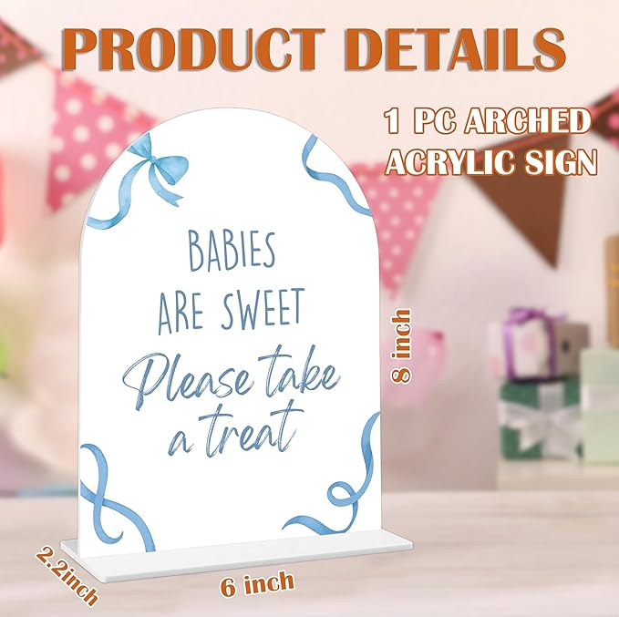 Babies Are Sweet Please Take a Treat Sign - Blue Bow Baby Shower Sign, 1 Pack Arch Acrylic Sign with Stand, Gender Reveal Party Table Decor, Blue Baby Shower Supplies (SP08)