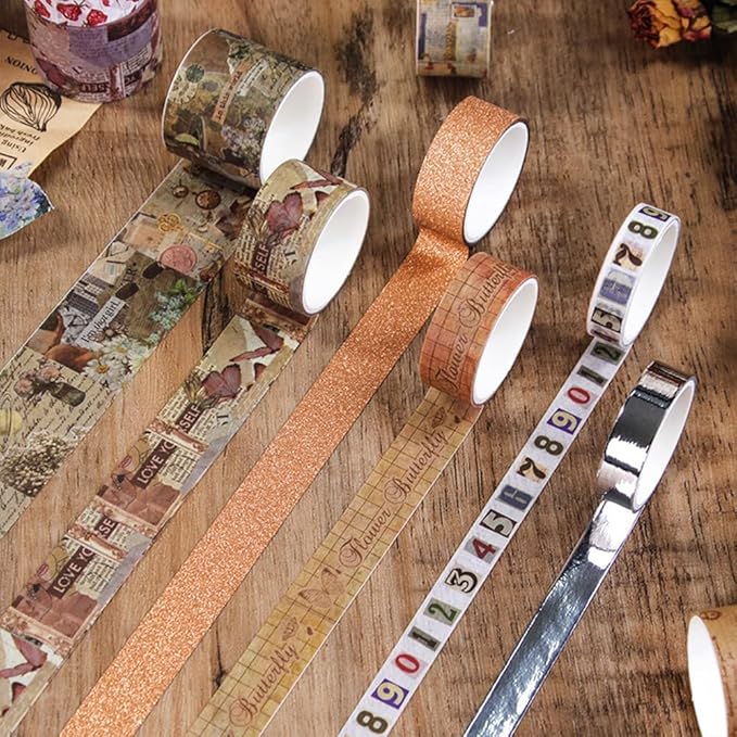 QUDUME 24 Rolls Vintage Writable Washi Tape Set, Retro Floral Butterfly Decorative Tape for Scrapbooking Junk Journal Bullet Journaling Supplies DIY Crafts