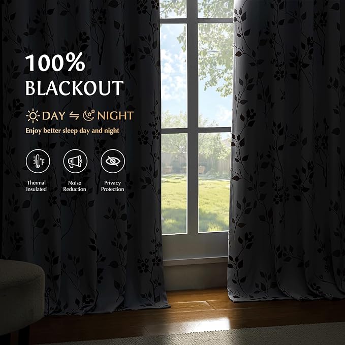 Beauoop Floral 100% Blackout Curtains 96 Inches Long 2 Panels for Bedroom Living Room Tan Brown and White Flower Patterned Room Darkening Thermal Soundproof Grommet Window Treatments Drapes, 52X96