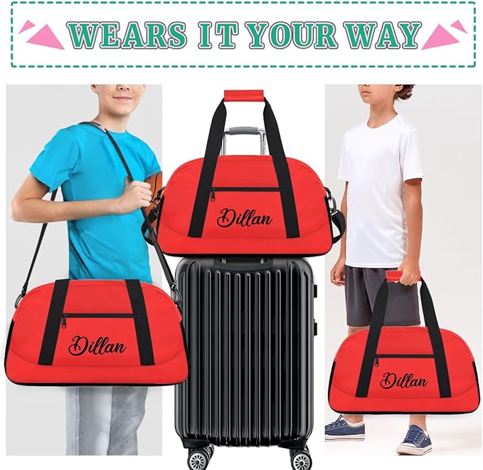 Custom Name Gym Duffel for Kids,Personalized Sports Bag Lightweight Gym Bags for Boys & Girls,Fitness Travel Weekender for Travel, Workout Red