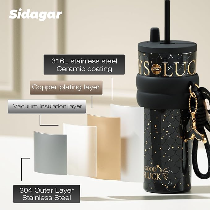 24 oz Tumbler with Lid and Straw, Insulated Coffee Mug Leak Proof, Portable Iced Travel Water Bottle, Reusable Thermal Coffee Cup, Gifts for Women, Mystic Black