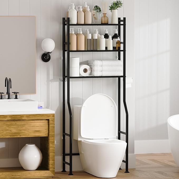 3-Tier Over Toilet Storage with Anti-Tilt Safety System - 150lb Total Capacity Metal Bathroom Shelves Including Paper Holder & 4 Hooks, Space Saving Above Commode Organizer (64" H, Black)
